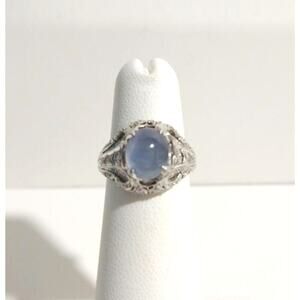 Antique Art Deco Ring: 1.5ct Cabochon Star Sapphire Diamonds Platinum Sz 3.75